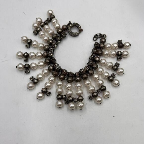 Lanvin White Faux Pearl Gray Crystal Beaded Toggle Antique Gunmetal Bracelet - Picture 10 of 10